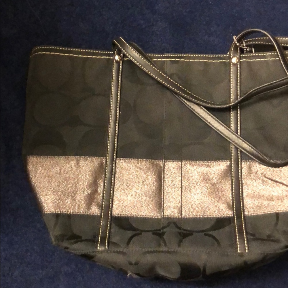Coach black cloth tote with silver band